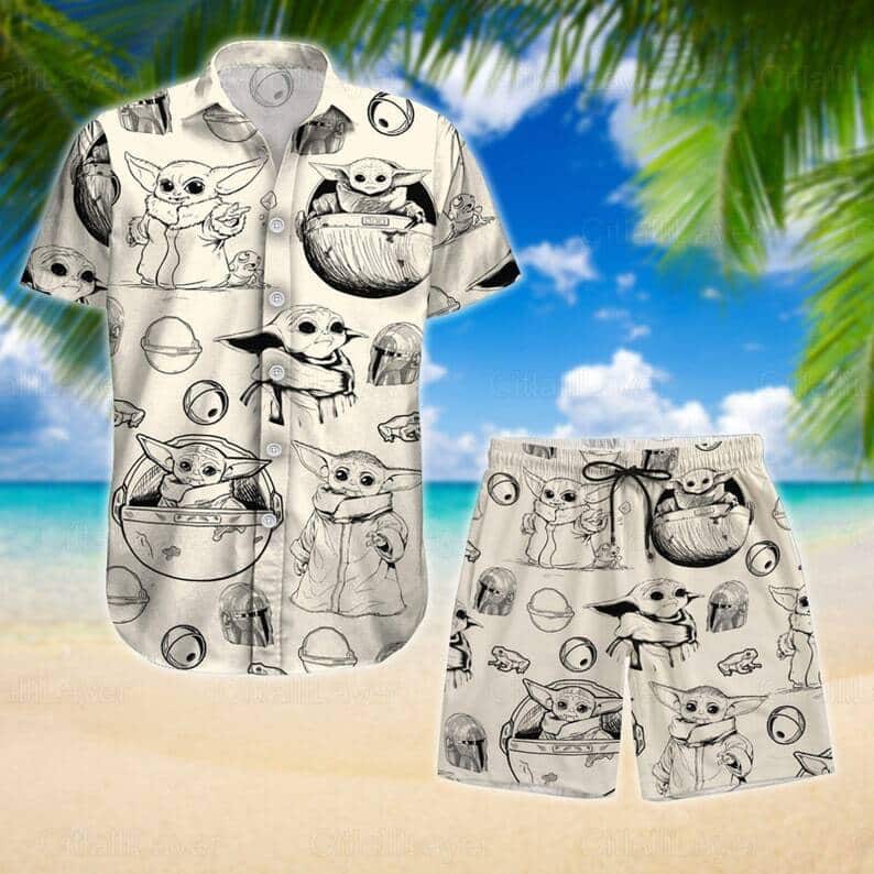 White Aloha Baby Yoda Star Wars Hawaiian Shirt Gift For Mandalorian Fans