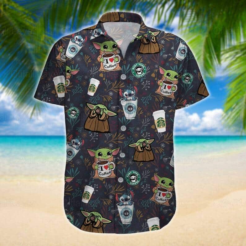 Stitch And Baby Yoda Star Wars Drinking Coffee Hawaiian Shirt Beach Vacation Gift