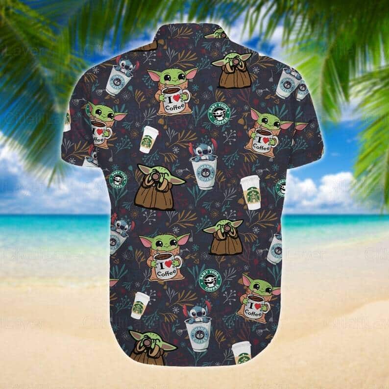 Stitch And Baby Yoda Star Wars Drinking Coffee Hawaiian Shirt Beach Vacation Gift