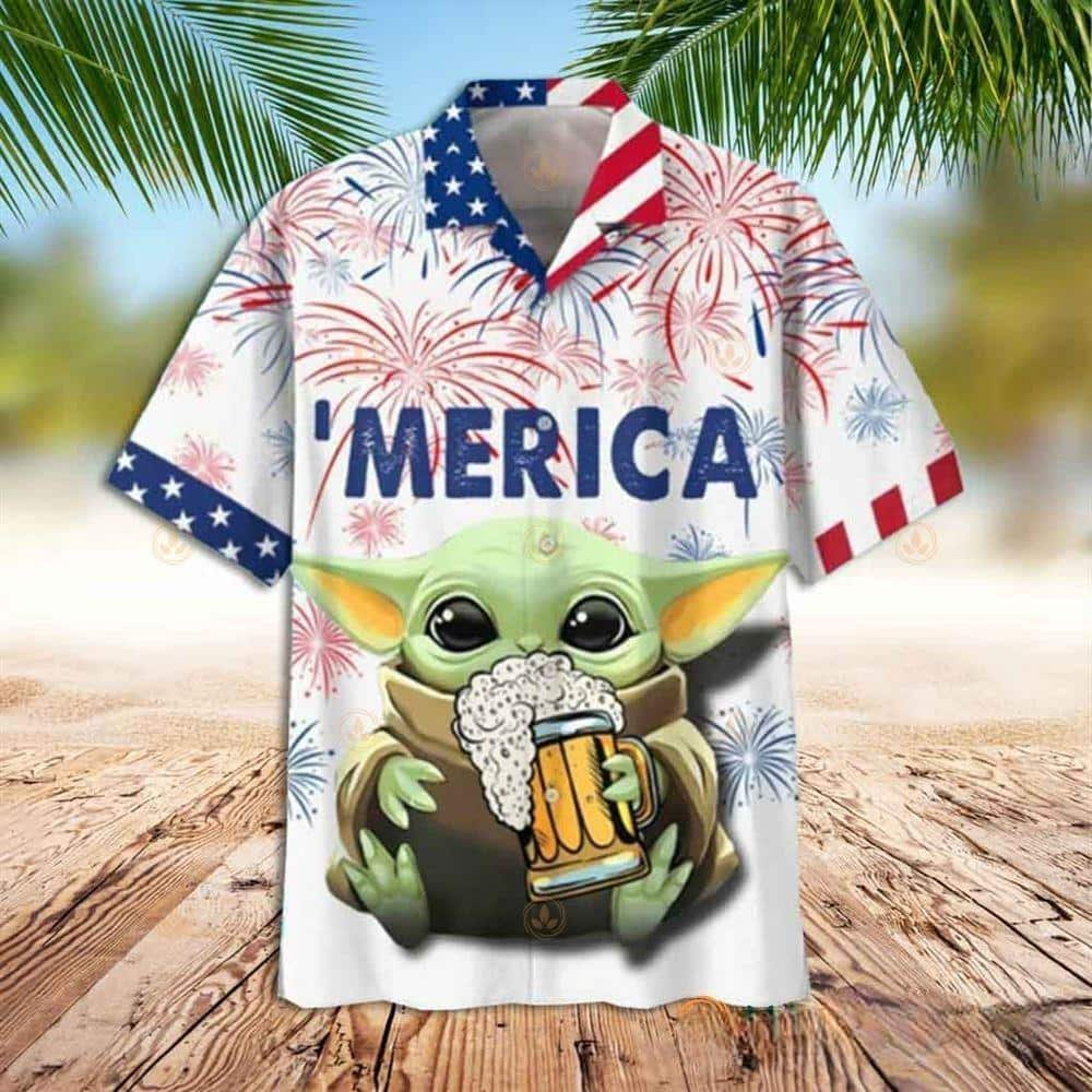 Aloha Star Wars Baby Yoda With Beer Hawaiian Shirt Fireworks Independence Day