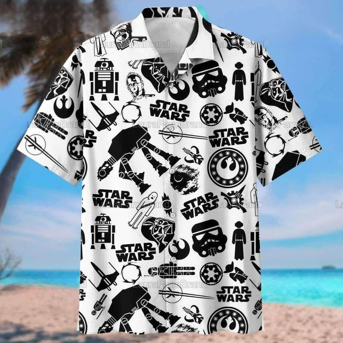 White Aloha Star Wars Hawaiian Shirt Black Pattern Beach Gift For Him