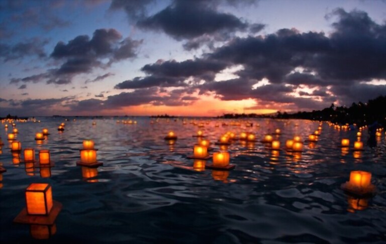 The annual Lantern Floating Memorial Day celebration event at Magic Island, Oahu, Hawaii.