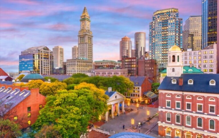 Boston, Massachusetts, USA skyline with Faneuil Hall and Quincy Market at sunset. Boston, Massachusetts, USA skyline with Faneuil Hall and Quincy Market at sunset.