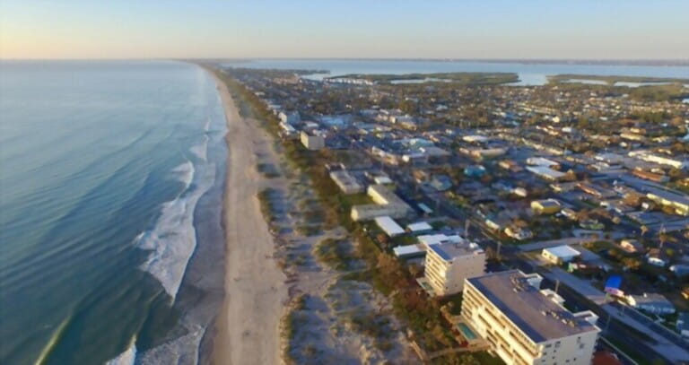 Aerial view of the Space Coast featuring downtown Cocoa Beach, FL