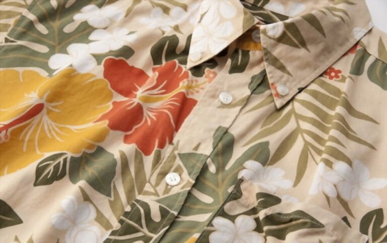 Hawaiian shirt with red yellow hibiscus flower pattern