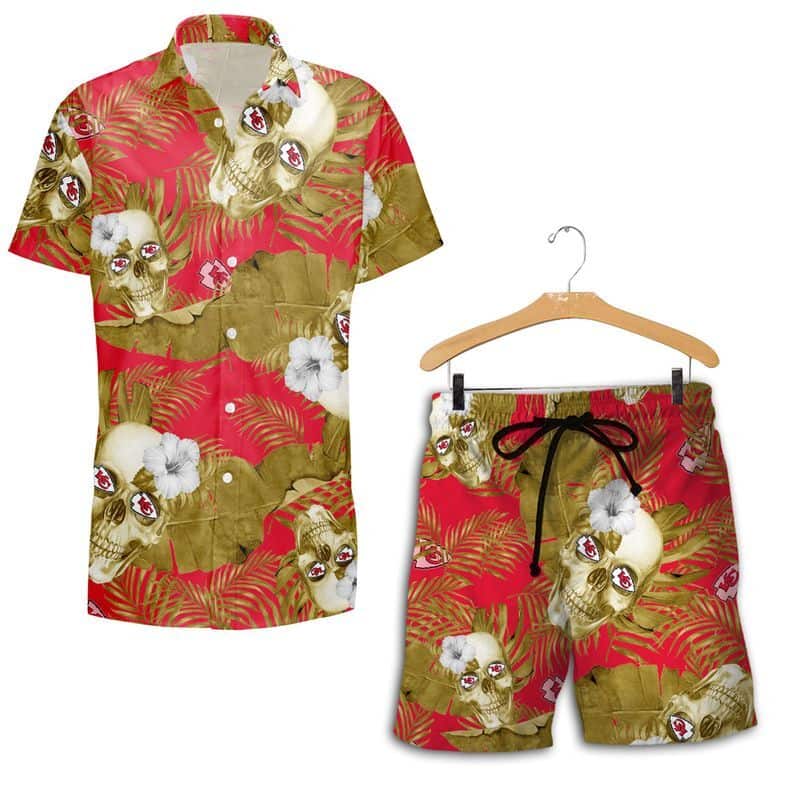 Aloha NFL Kansas City Chiefs Skull And Tropical Leaves Hawaiian Shirt