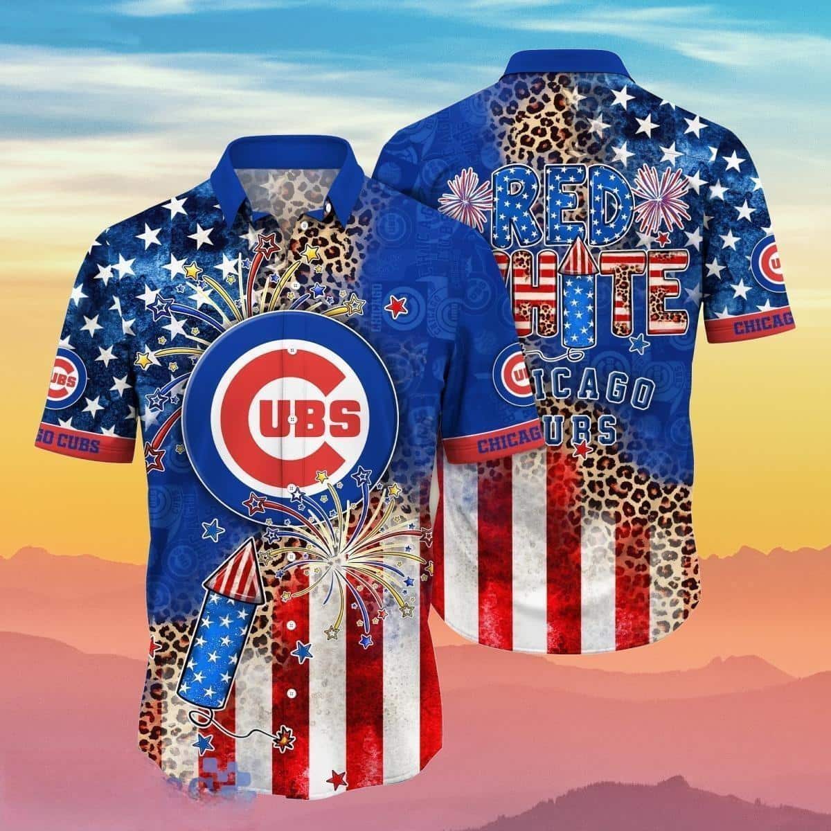 Red White MLB Chicago Cubs Hawaiian Shirt US Flag Fireworks Red White MLB Chicago Cubs Hawaiian Shirt US Flag Fireworks