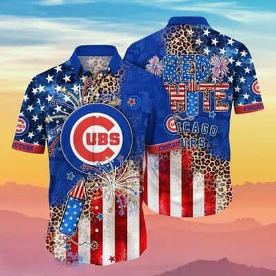 Red White MLB Chicago Cubs Hawaiian Shirt US Flag Fireworks