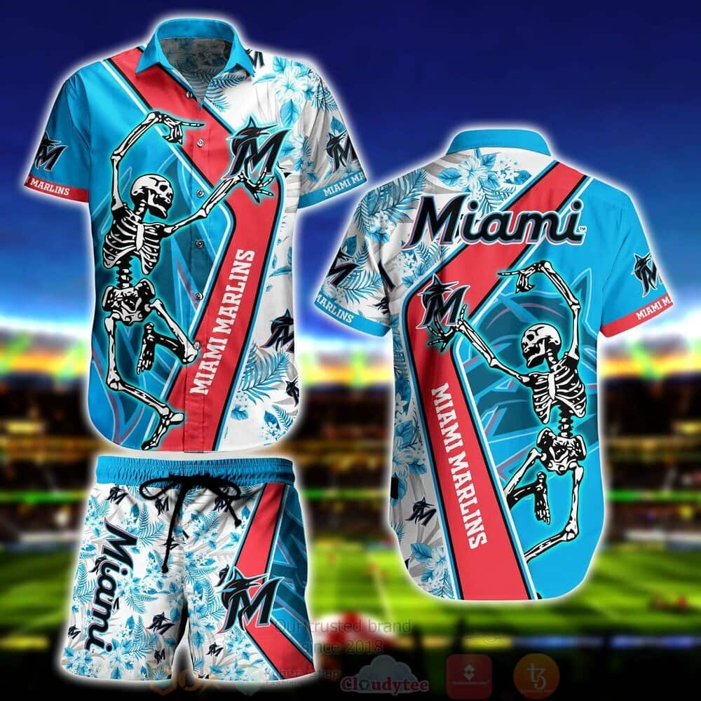 MLB Miami Marlins Hawaiian Shirt Skeleton Aloha Tropical Flower Pattern