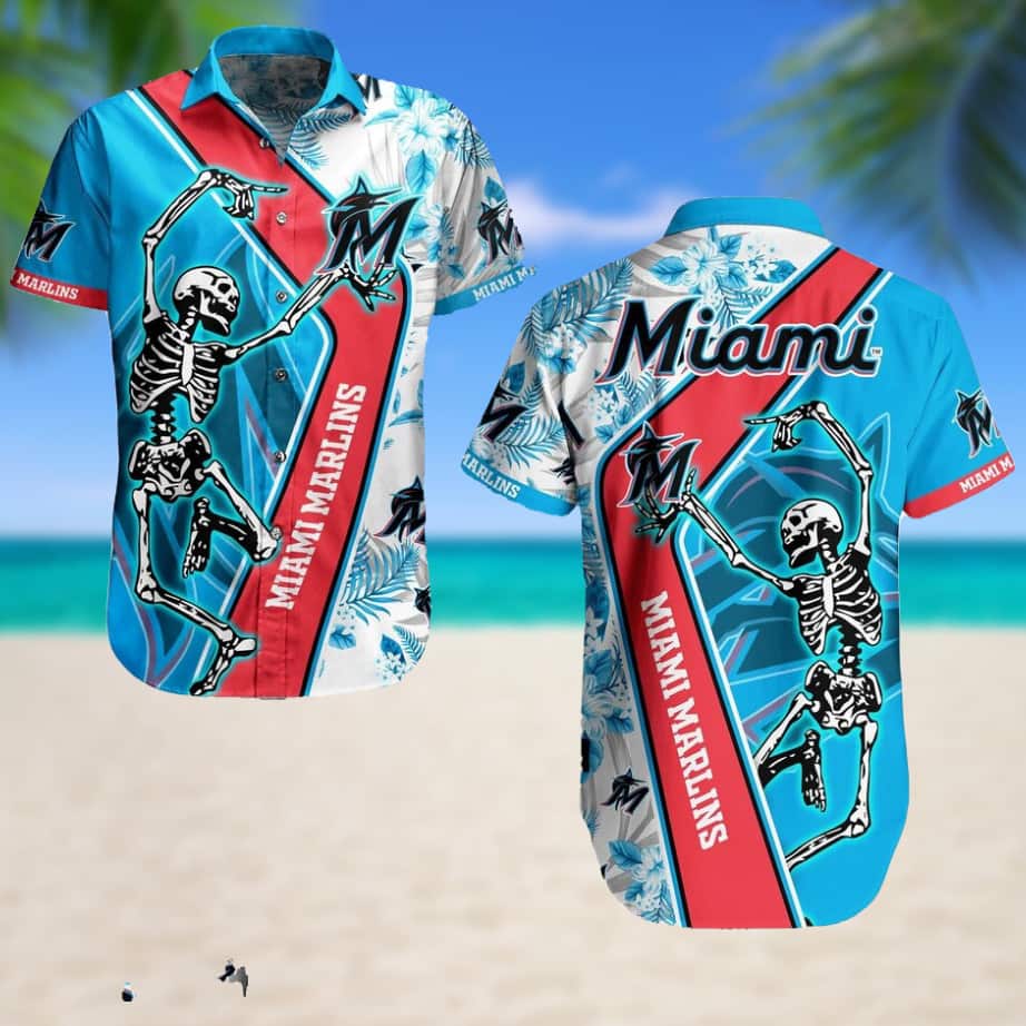 MLB Miami Marlins Hawaiian Shirt Skeleton Aloha Tropical Flower Pattern MLB Miami Marlins Hawaiian Shirt Skeleton Aloha Tropical Flower Pattern