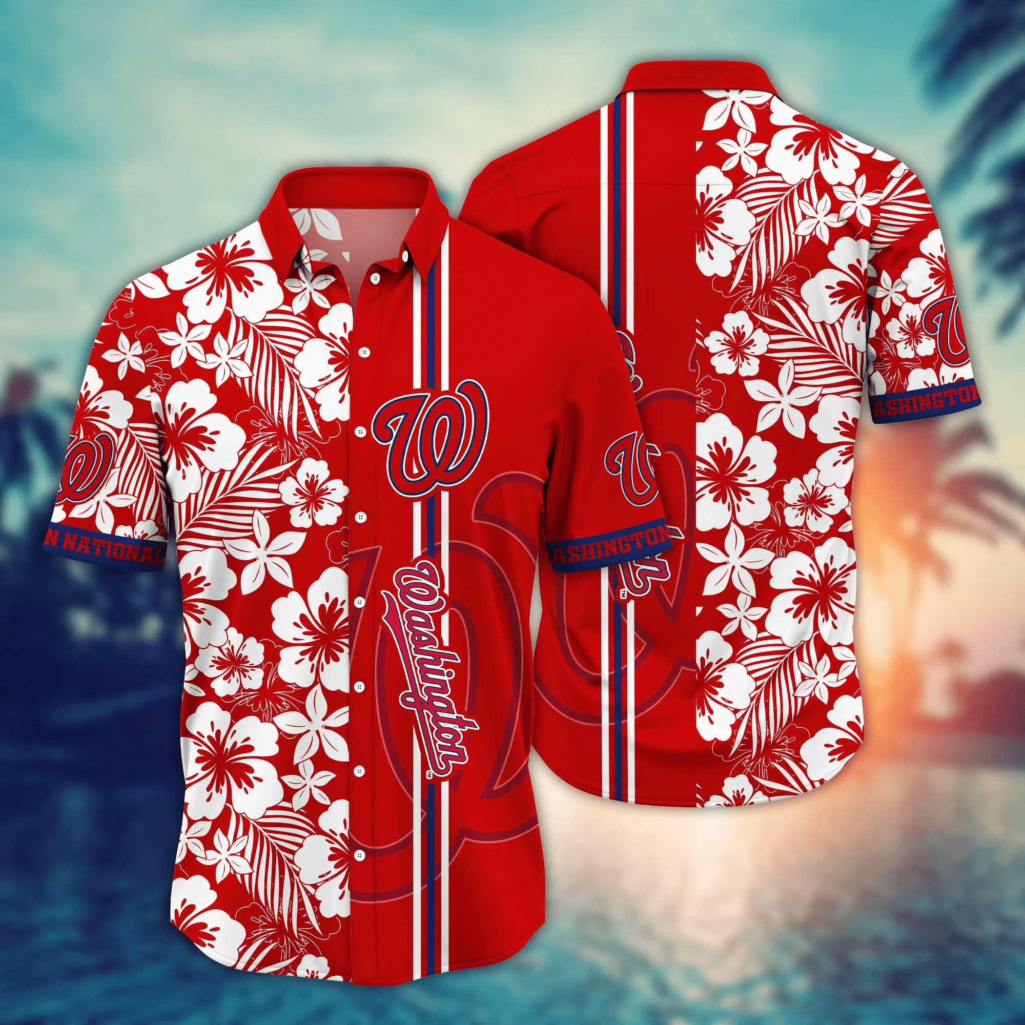 MLB Washington Nationals Hawaiian Shirt White Flower Pattern And Red Split MLB Washington Nationals Hawaiian Shirt White Flower Pattern And Red Split
