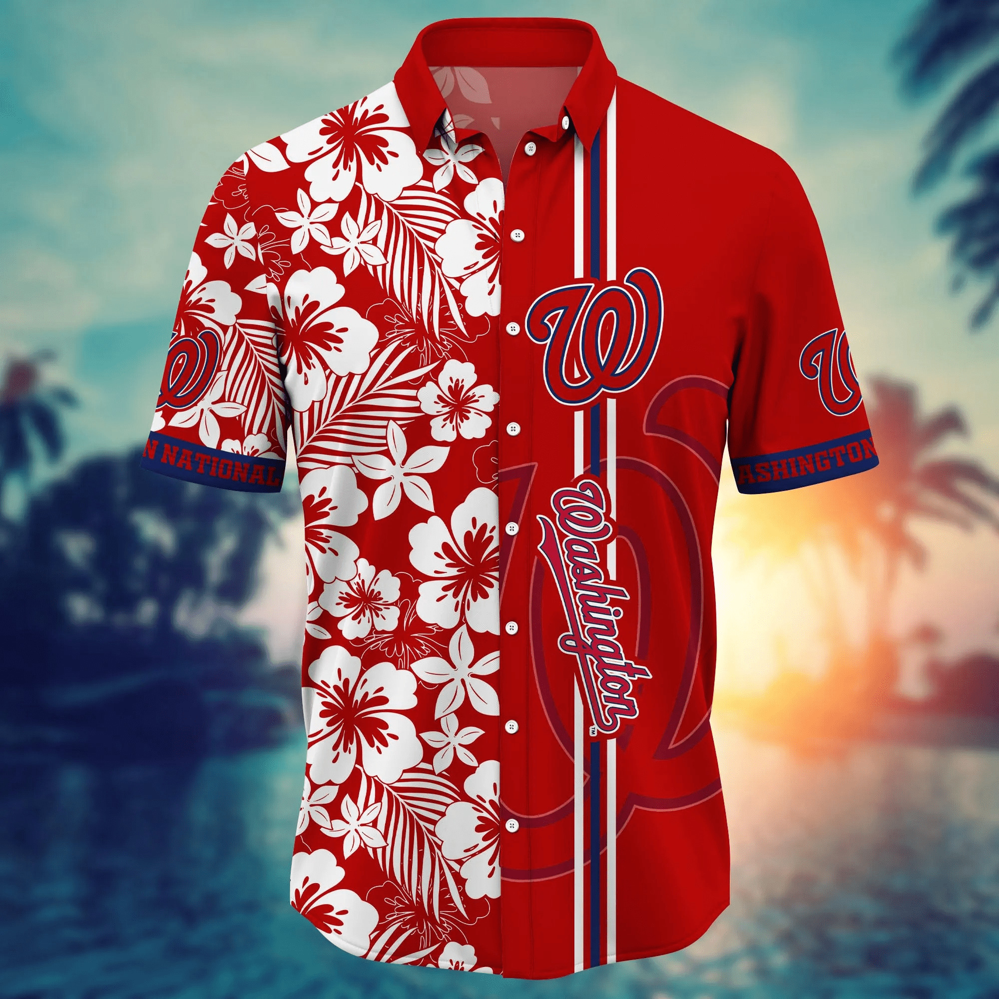 MLB Washington Nationals Hawaiian Shirt White Flower Pattern And Red Split MLB Washington Nationals Hawaiian Shirt White Flower Pattern And Red Split
