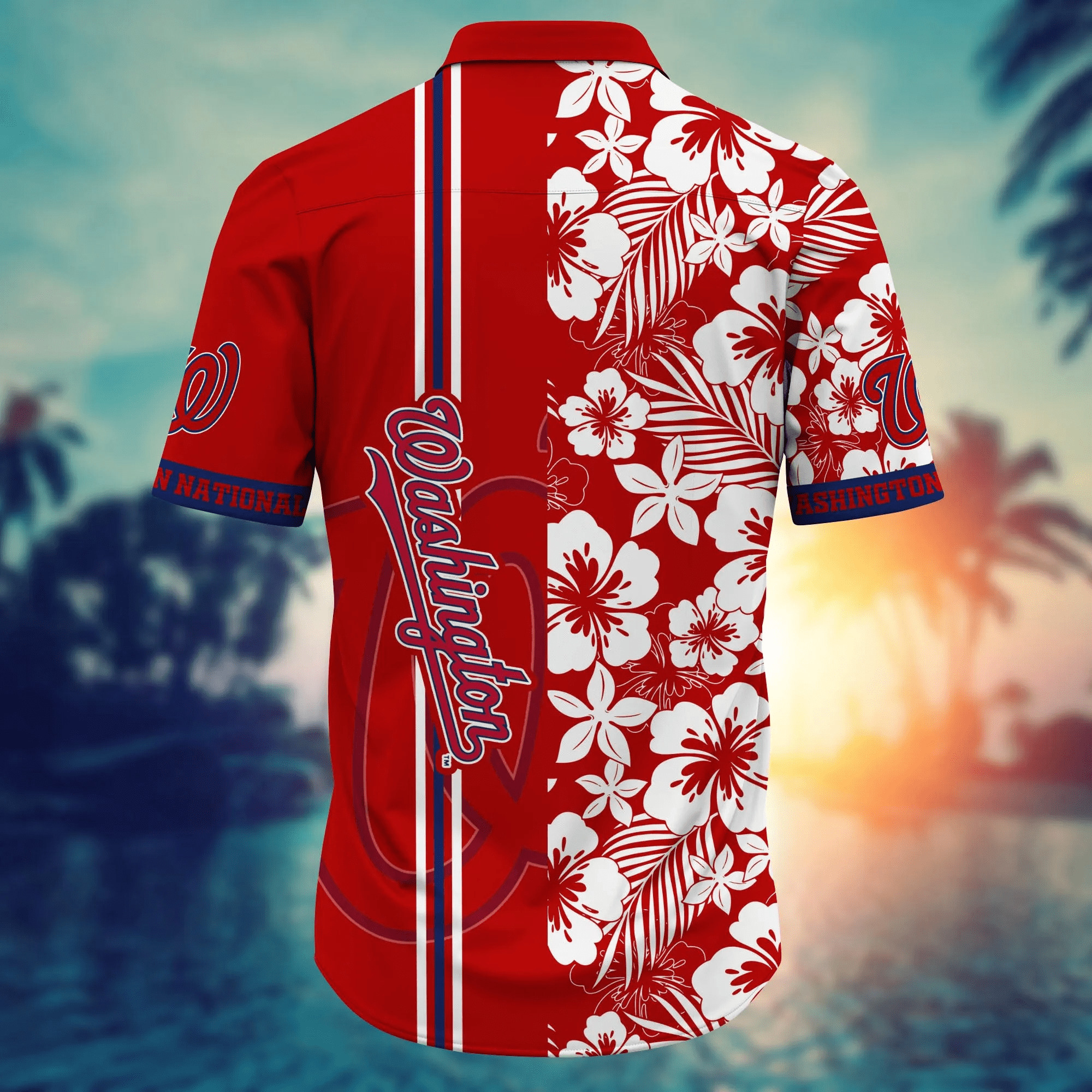 MLB Washington Nationals Hawaiian Shirt White Flower Pattern And Red Split MLB Washington Nationals Hawaiian Shirt White Flower Pattern And Red Split
