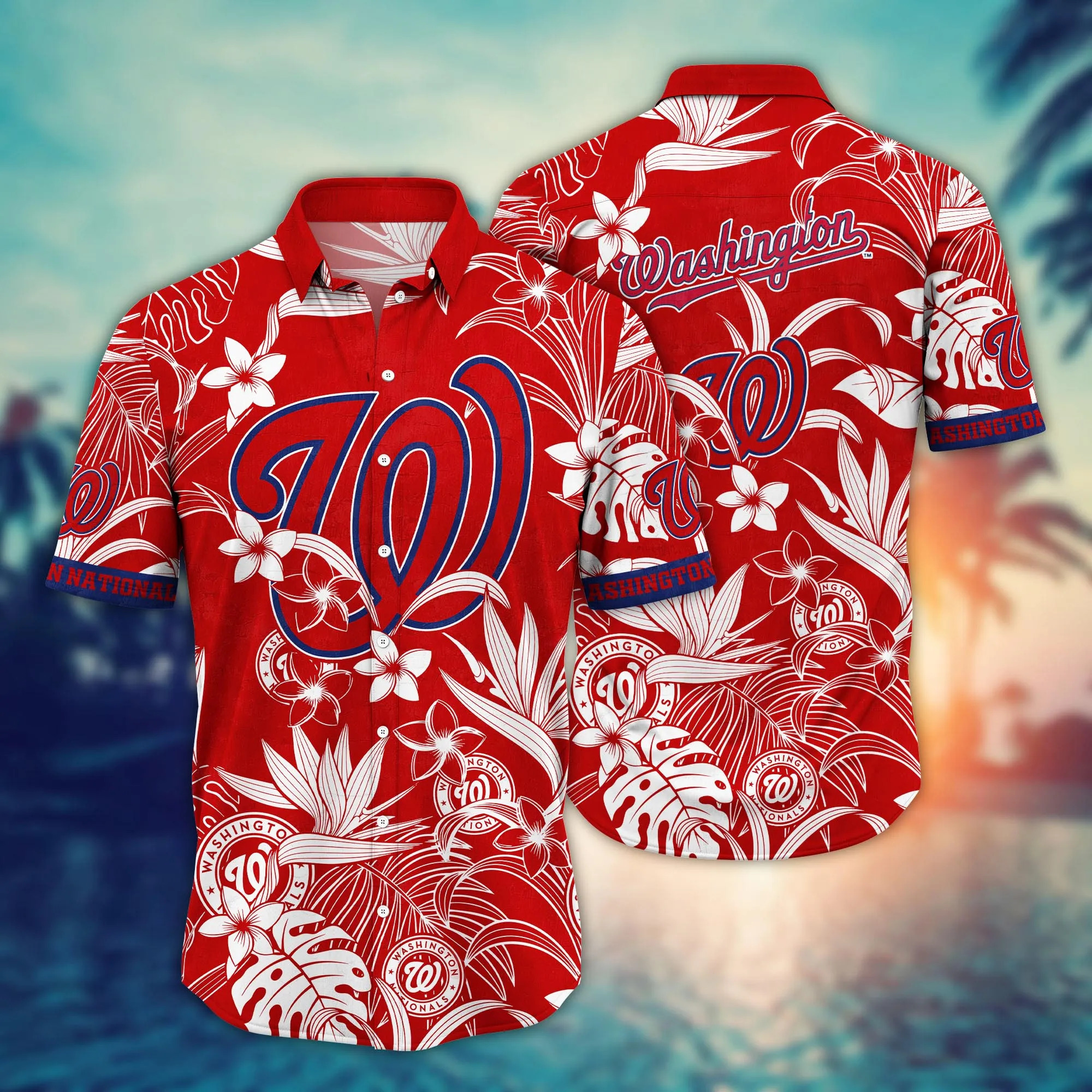 MLB Washington Nationals Hawaiian Shirt White Tropical Pattern On Red Background MLB Washington Nationals Hawaiian Shirt White Tropical Pattern On Red Background