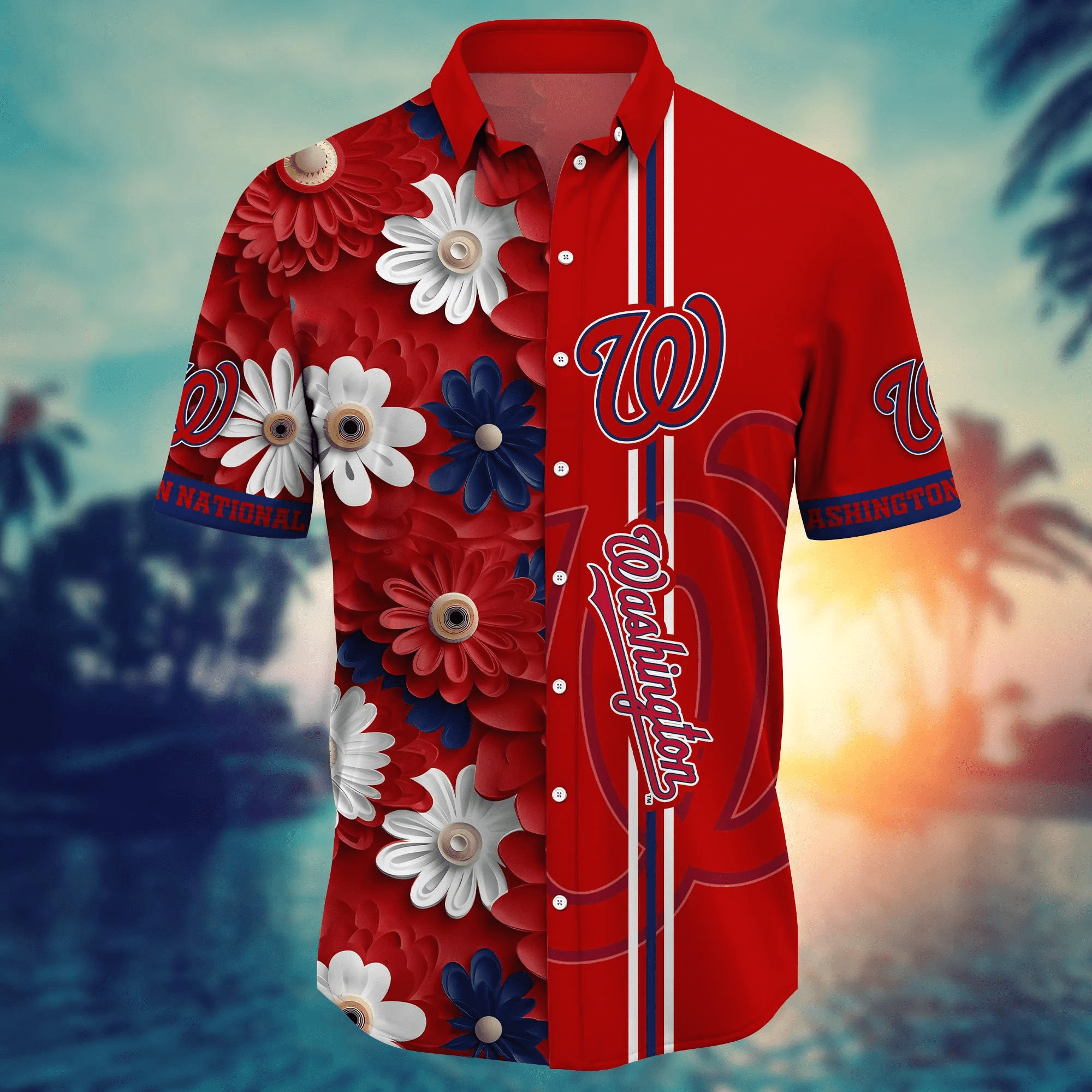 MLB Washington Nationals Hawaiian Shirt Flower Pattern And Red Split MLB Washington Nationals Hawaiian Shirt Flower Pattern And Red Split