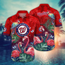 MLB Washington Nationals Hawaiian Shirt Palm Leaves with Pink Flamingo Red Aloha