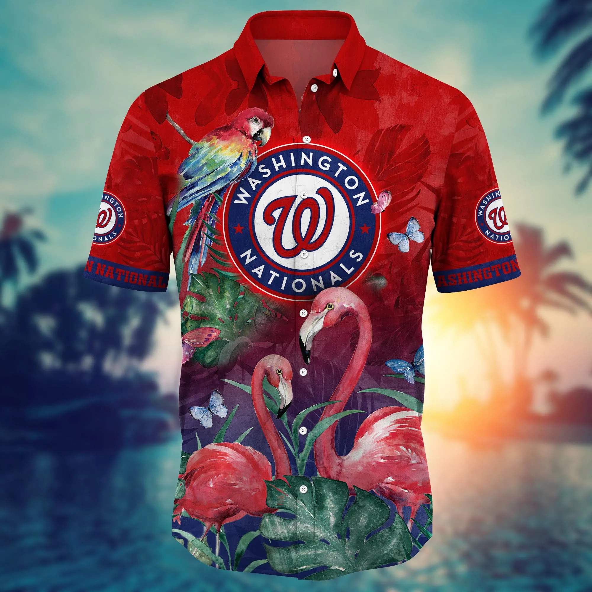 MLB Washington Nationals Hawaiian Shirt Palm Leaves with Pink Flamingo Red Aloha MLB Washington Nationals Hawaiian Shirt Palm Leaves with Pink Flamingo Red Aloha