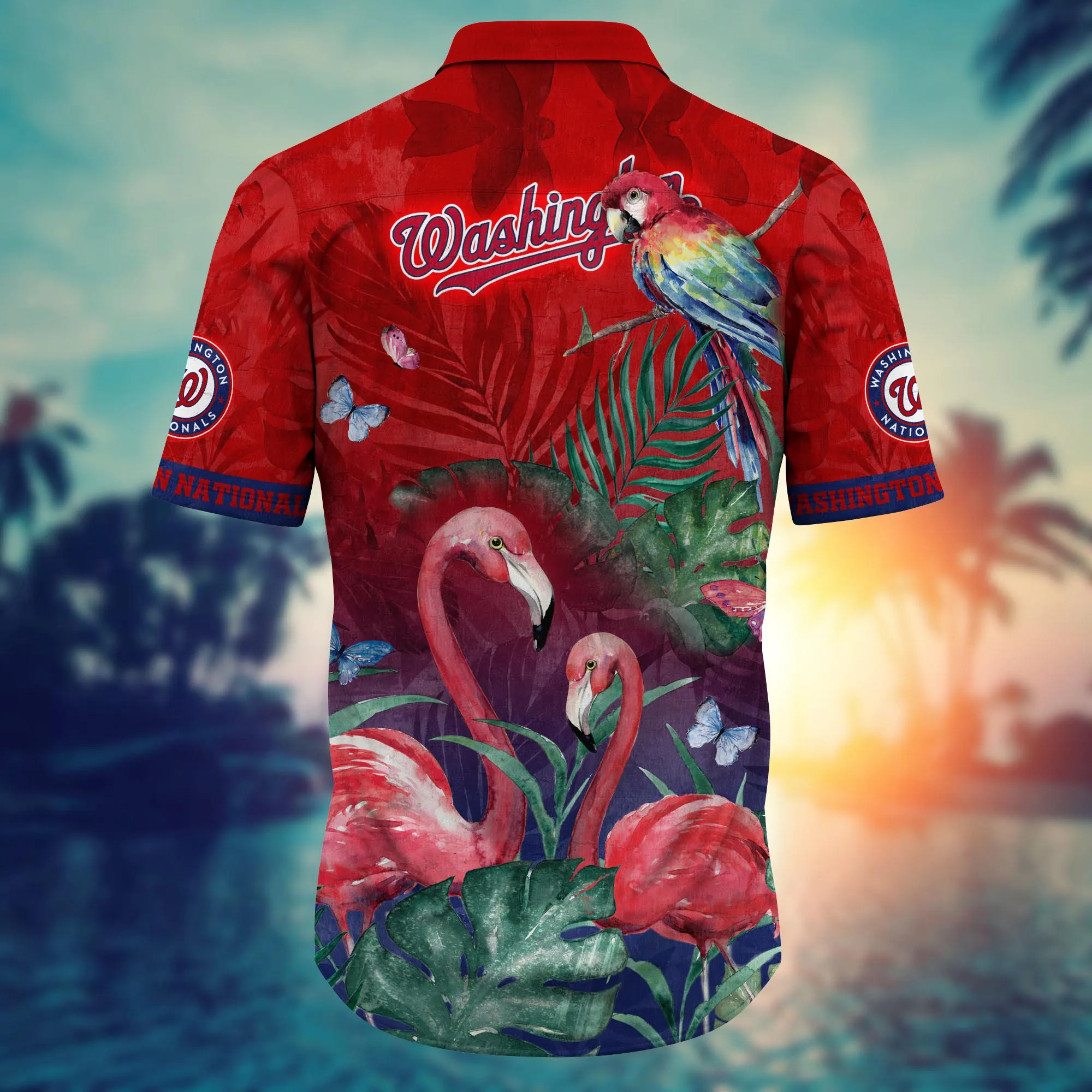 MLB Washington Nationals Hawaiian Shirt Palm Leaves with Pink Flamingo Red Aloha MLB Washington Nationals Hawaiian Shirt Palm Leaves with Pink Flamingo Red Aloha