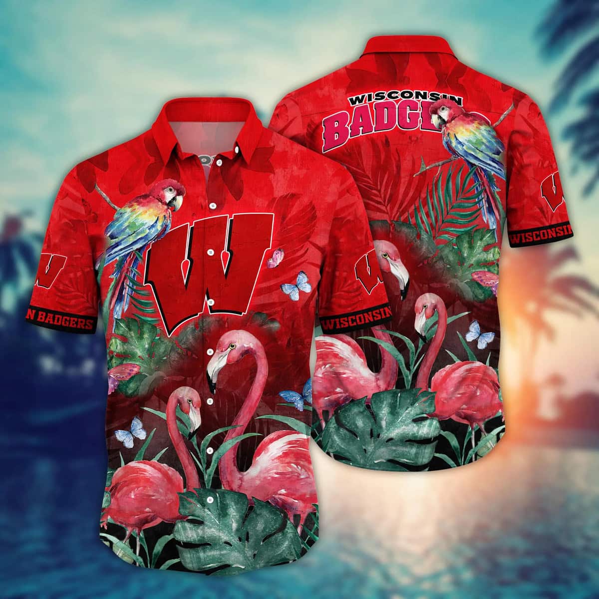 Summer Aloha NCAA Wisconsin Badgers Hawaiian Shirt Pink Flamingo And Palm Leaves Summer Aloha NCAA Wisconsin Badgers Hawaiian Shirt Pink Flamingo And Palm Leaves