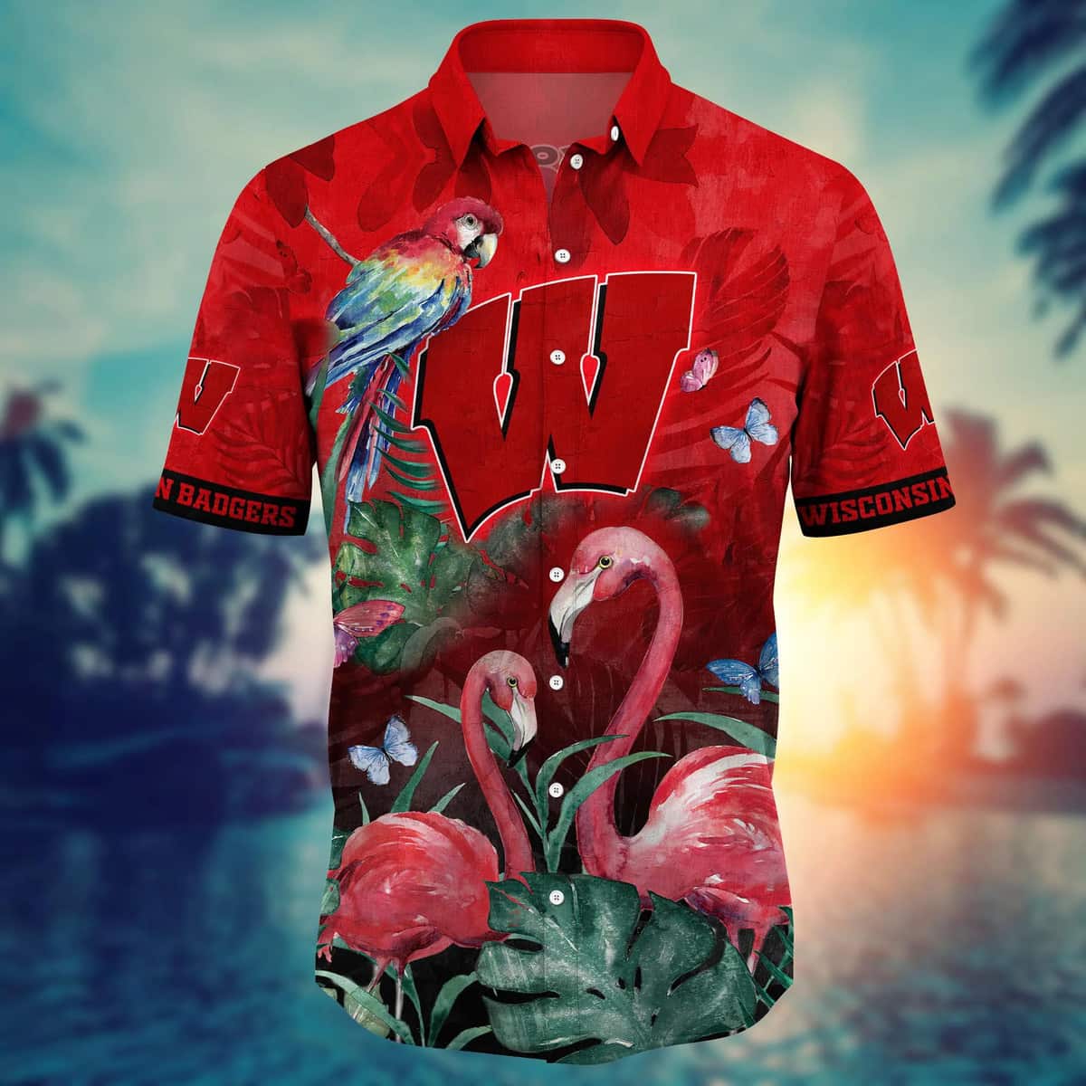 Summer Aloha NCAA Wisconsin Badgers Hawaiian Shirt Pink Flamingo And Palm Leaves Summer Aloha NCAA Wisconsin Badgers Hawaiian Shirt Pink Flamingo And Palm Leaves