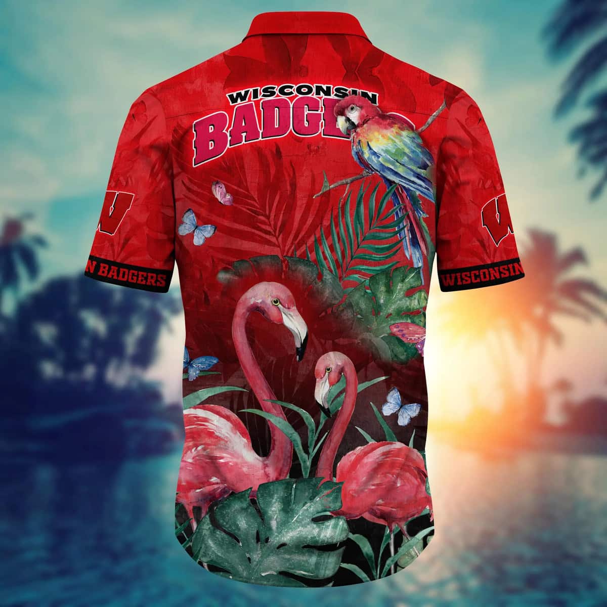 Summer Aloha NCAA Wisconsin Badgers Hawaiian Shirt Pink Flamingo And Palm Leaves Summer Aloha NCAA Wisconsin Badgers Hawaiian Shirt Pink Flamingo And Palm Leaves