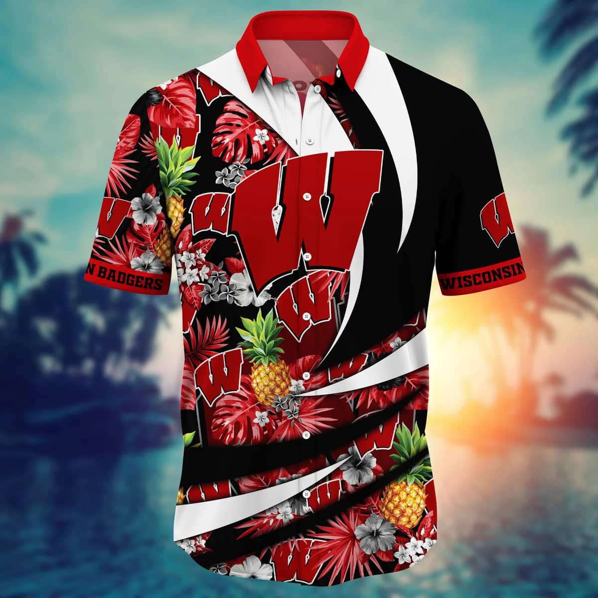 NCAA Wisconsin Badgers Hawaiian Shirt Pineapple Pattern Beach Gift For Friend NCAA Wisconsin Badgers Hawaiian Shirt Pineapple Pattern Beach Gift For Friend