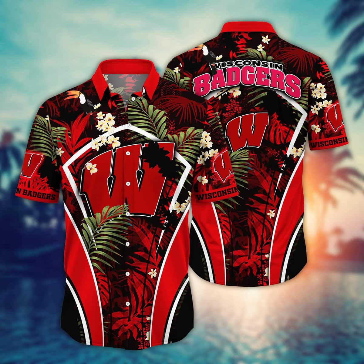 NCAA Wisconsin Badgers Hawaiian Shirt Tropical Flower Pattern Gift For Beach Trip NCAA Wisconsin Badgers Hawaiian Shirt Tropical Flower Pattern Gift For Beach Trip