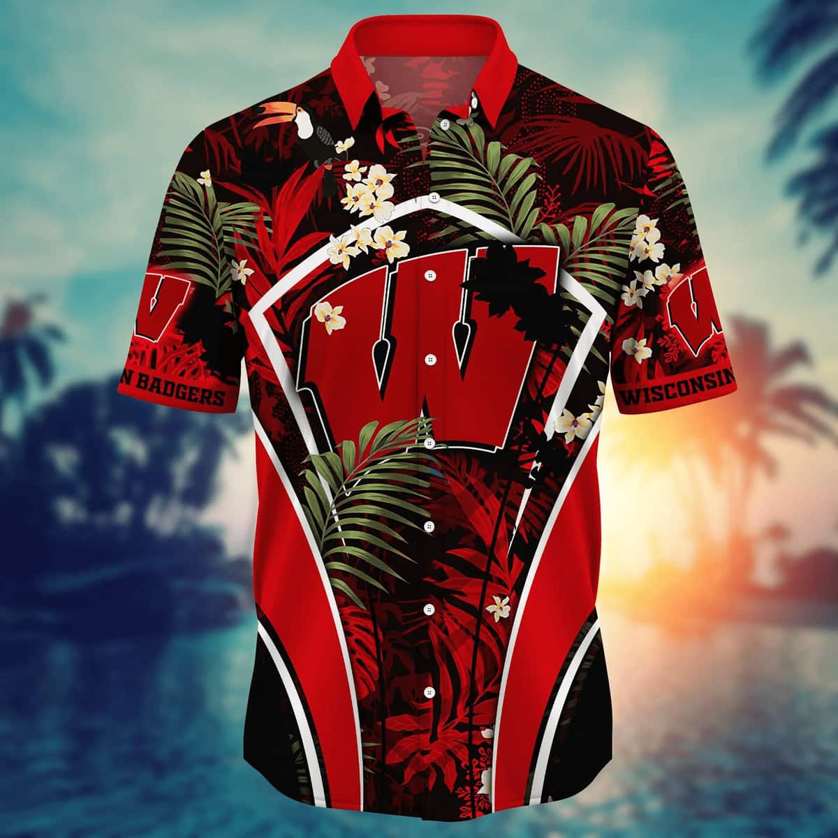 NCAA Wisconsin Badgers Hawaiian Shirt Tropical Flower Pattern Gift For Beach Trip NCAA Wisconsin Badgers Hawaiian Shirt Tropical Flower Pattern Gift For Beach Trip
