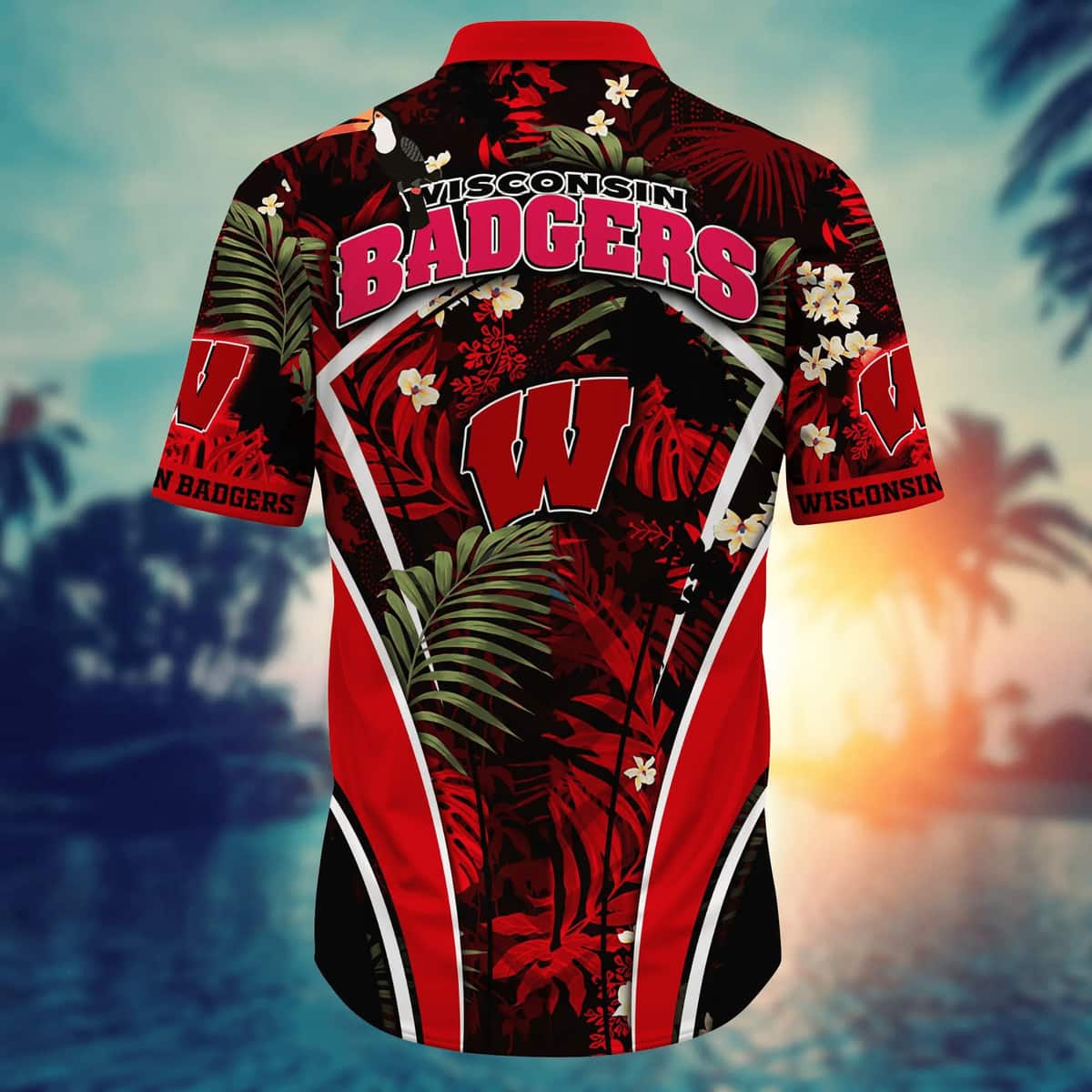 NCAA Wisconsin Badgers Hawaiian Shirt Tropical Flower Pattern Gift For Beach Trip NCAA Wisconsin Badgers Hawaiian Shirt Tropical Flower Pattern Gift For Beach Trip