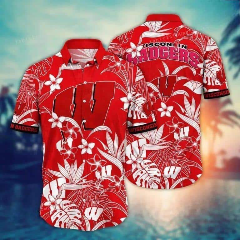 NCAA Wisconsin Badgers Hawaiian Shirt White Flower Pattern Beach Gift For Friend NCAA Wisconsin Badgers Hawaiian Shirt White Flower Pattern Beach Gift For Friend