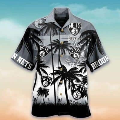 Vintage Aloha NBA Brooklyn Nets Hawaiian Shirt Black Gray Palm Trees Beach Lovers Gift