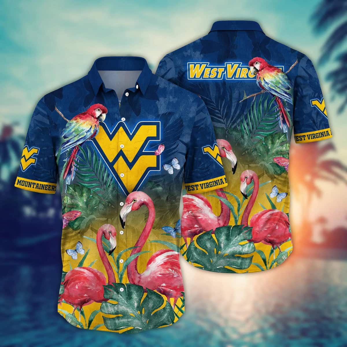 NCAA West Virginia Mountaineers WVU Hawaiian Shirt Pink Flamingo And Palm Leaves NCAA West Virginia Mountaineers WVU Hawaiian Shirt Pink Flamingo And Palm Leaves