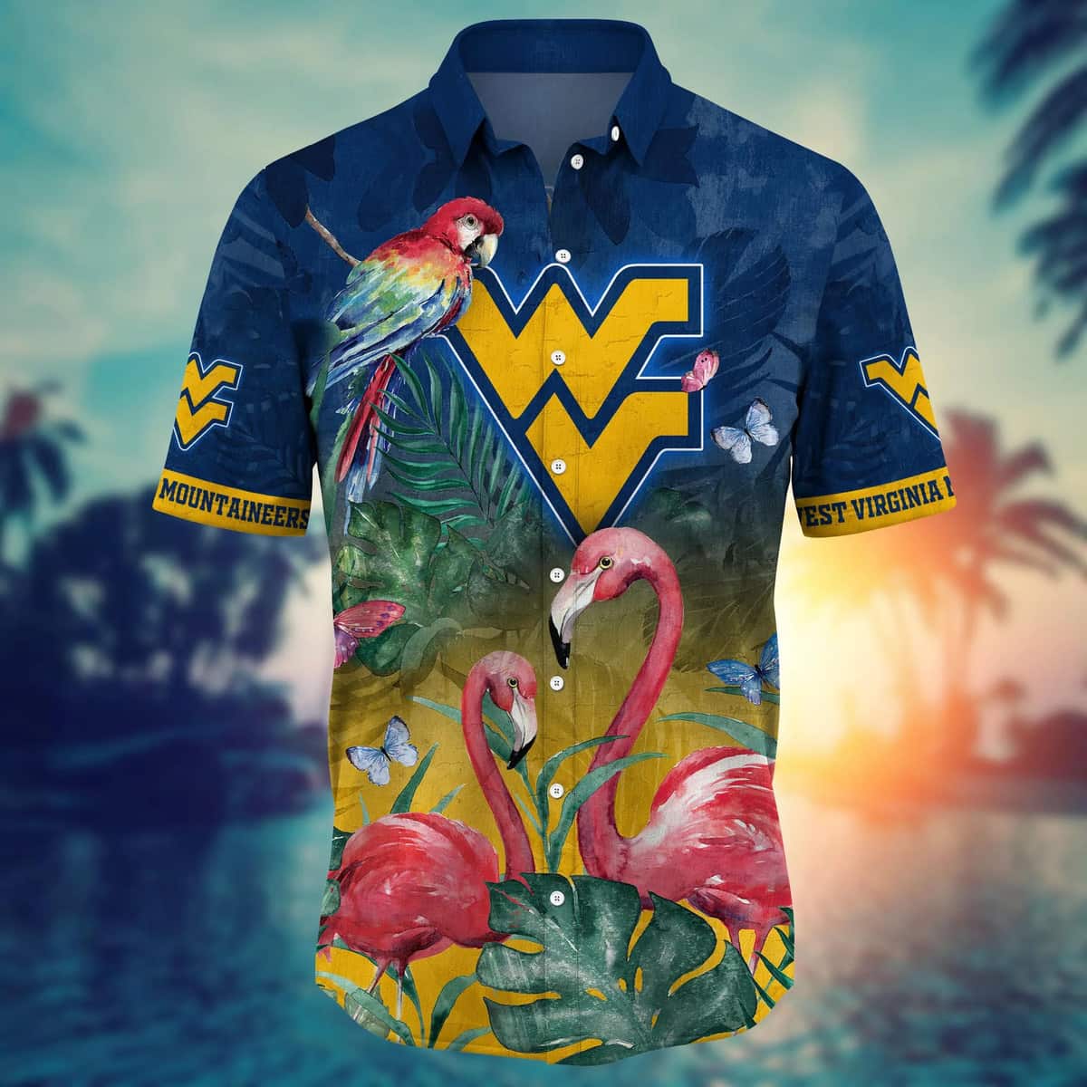 NCAA West Virginia Mountaineers WVU Hawaiian Shirt Pink Flamingo And Palm Leaves NCAA West Virginia Mountaineers WVU Hawaiian Shirt Pink Flamingo And Palm Leaves