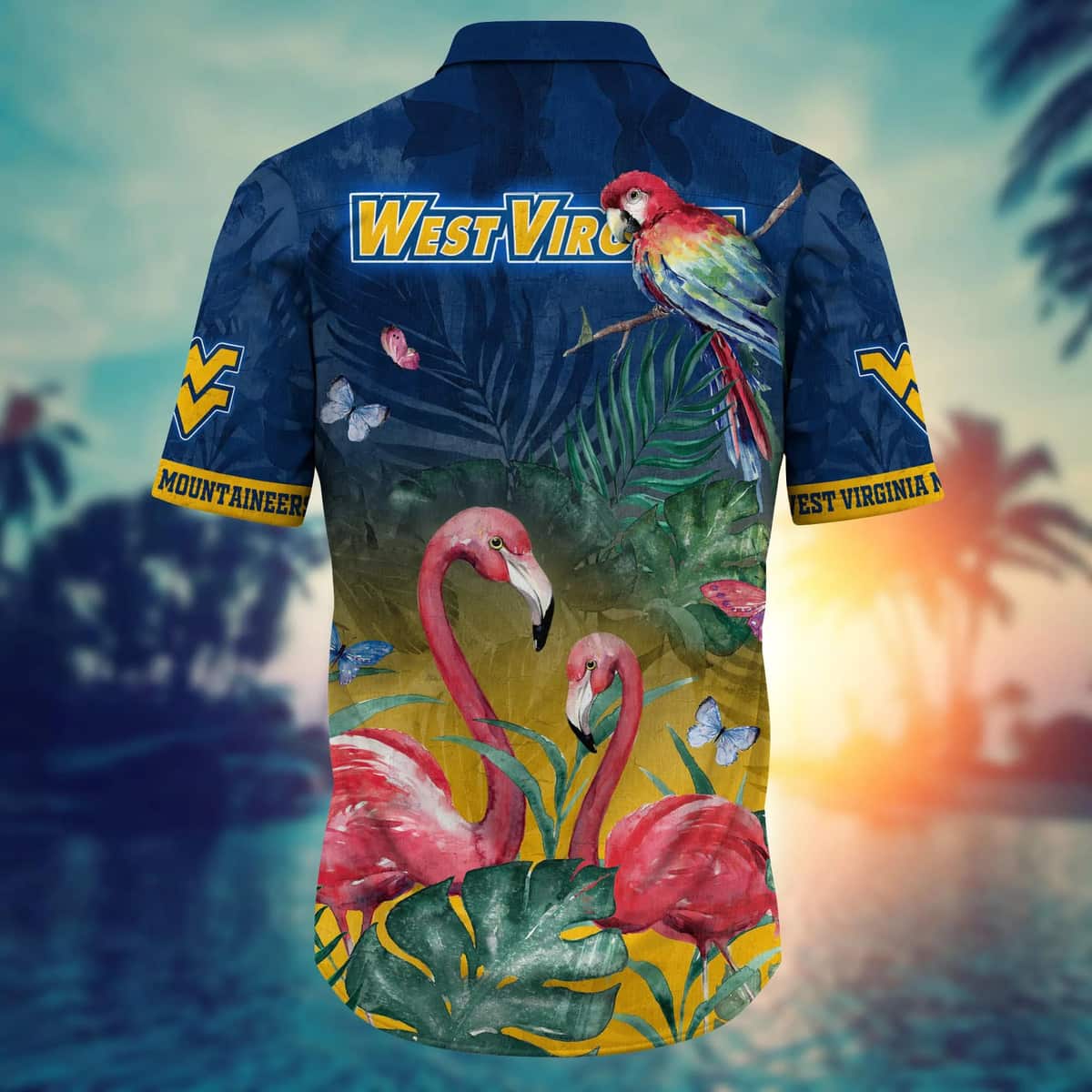 NCAA West Virginia Mountaineers WVU Hawaiian Shirt Pink Flamingo And Palm Leaves NCAA West Virginia Mountaineers WVU Hawaiian Shirt Pink Flamingo And Palm Leaves