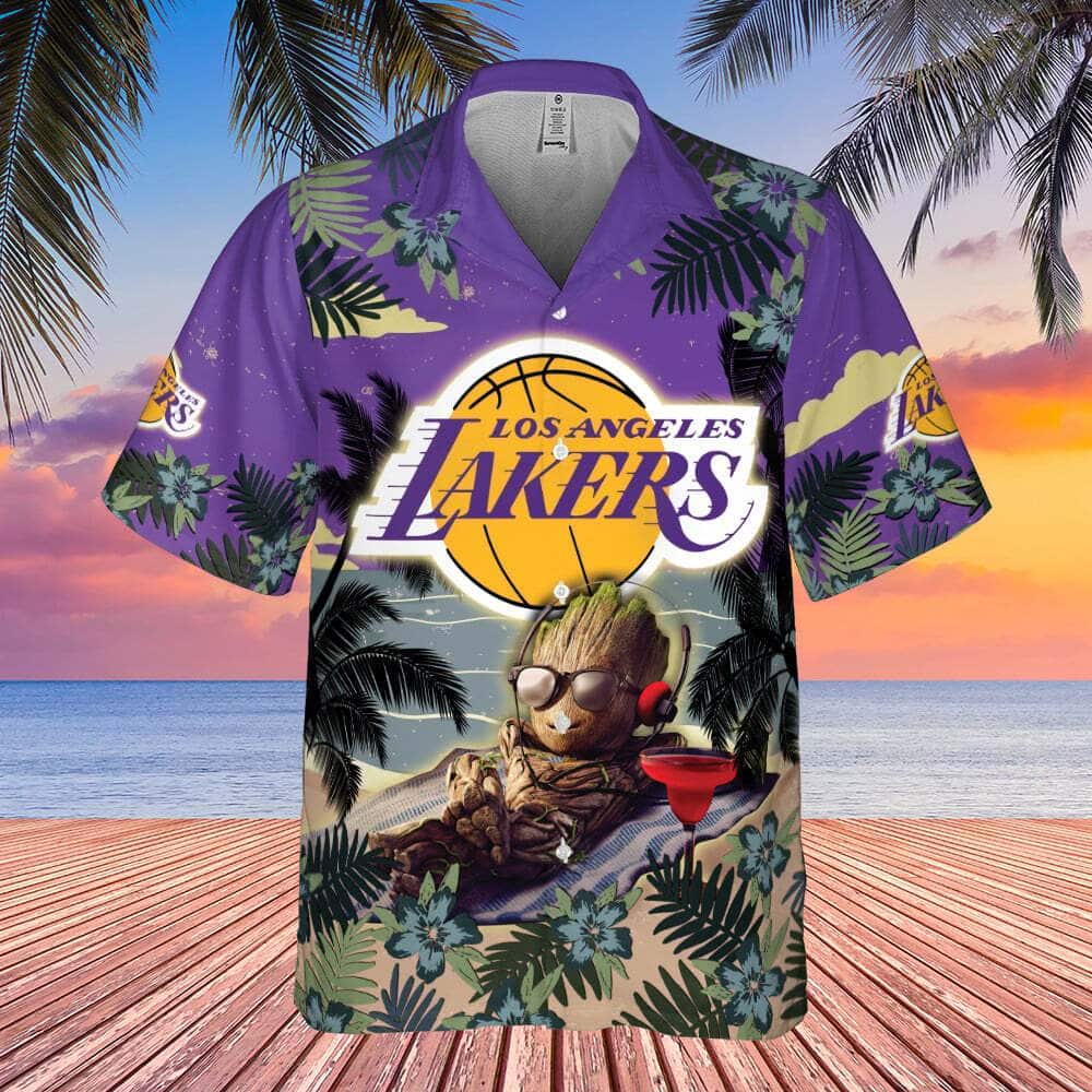 Baby Groot With NBA Los Angeles Lakers Hawaiian Shirt Summer Beach Gift Baby Groot With NBA Los Angeles Lakers Hawaiian Shirt Summer Beach Gift