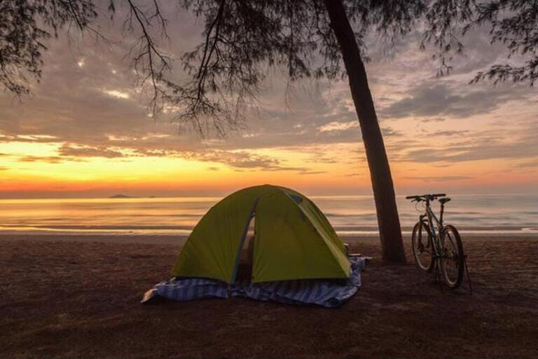 Bicycle parked by a tree and a tent on an empty beach Bicycle parked by a tree and a tent on an empty beach