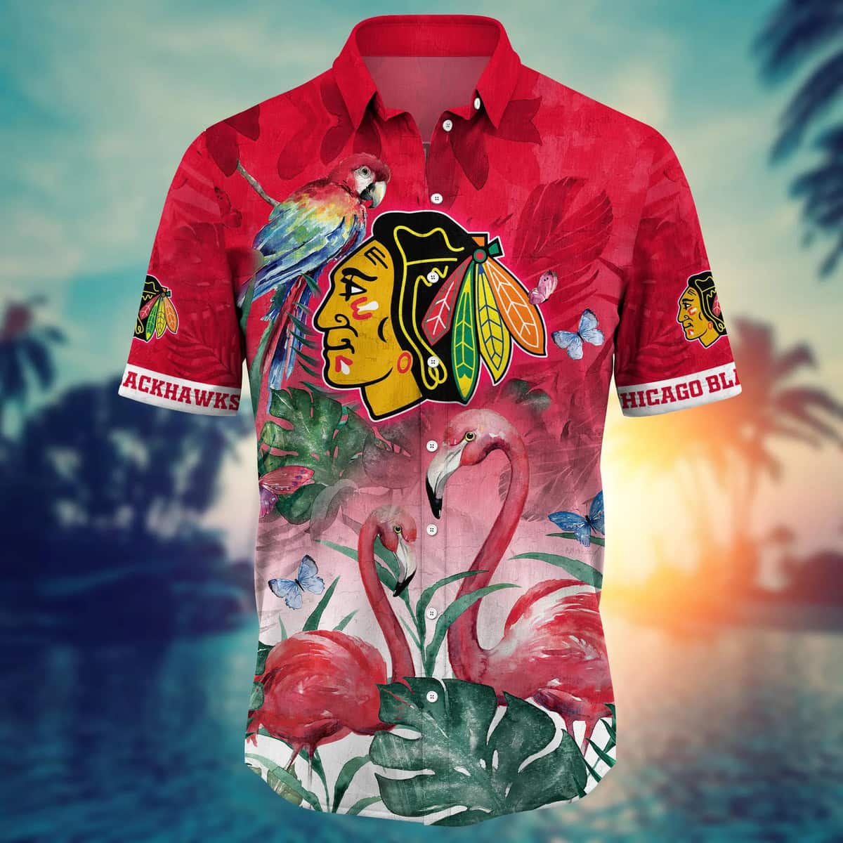 Summer Aloha NHL Chicago Blackhawks Hawaiian Shirt Palm Leaves Flamingo
