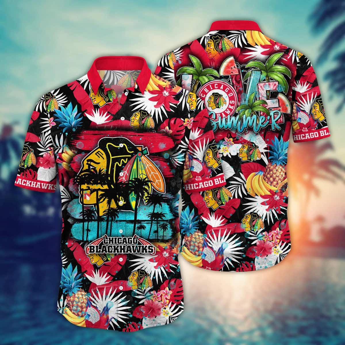 Summer Aloha NHL Chicago Blackhawks Hawaiian Shirt Tropical Fruit Pattern Summer Aloha NHL Chicago Blackhawks Hawaiian Shirt Tropical Fruit Pattern