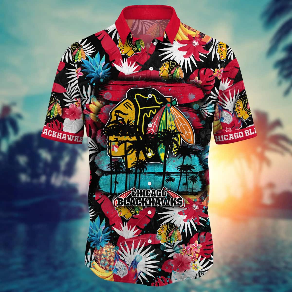 Summer Aloha NHL Chicago Blackhawks Hawaiian Shirt Tropical Fruit Pattern Summer Aloha NHL Chicago Blackhawks Hawaiian Shirt Tropical Fruit Pattern