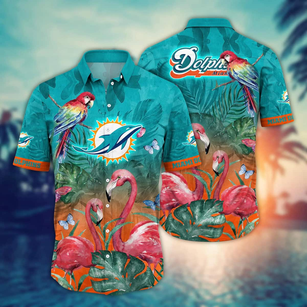 Tropical Aloha NFL Miami Dolphins Hawaiian Shirt Pink Flamingo And Palm Leaves