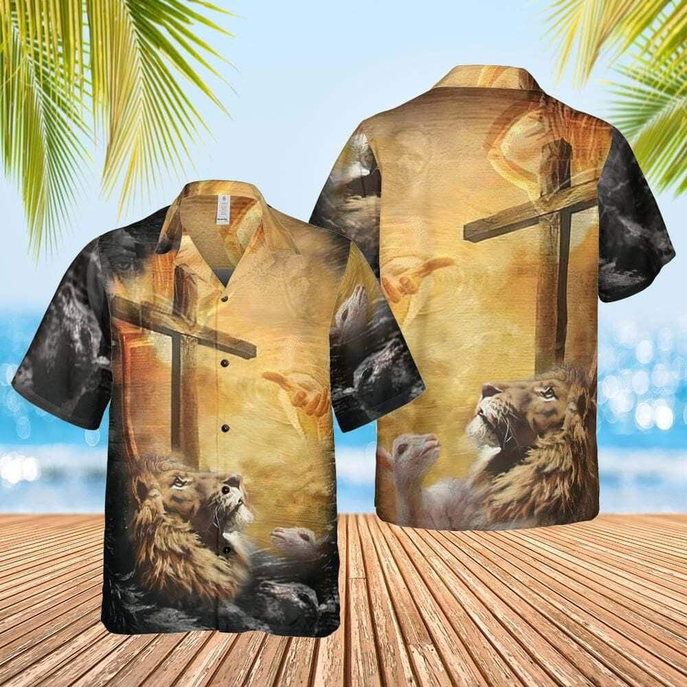 Christian Hawaiian Shirt Lion Jesus Cross Sunrise Christianity