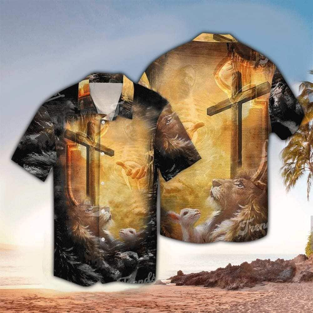 Christian Hawaiian Shirt Lion Jesus Cross Sunrise