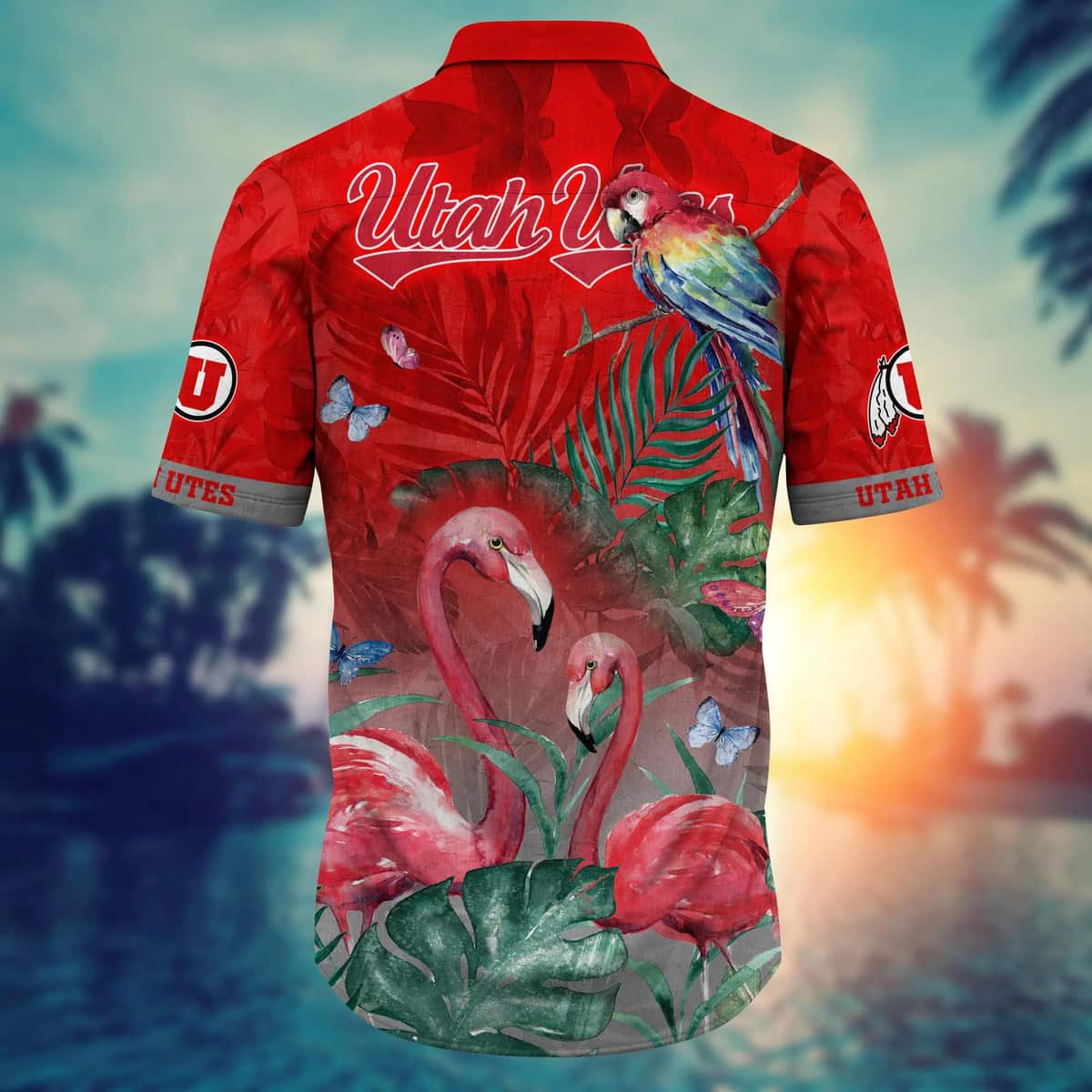 NCAA Utah Utes Hawaiian Shirt Pink Flamingo And Palm Leaves NCAA Utah Utes Hawaiian Shirt Pink Flamingo And Palm Leaves