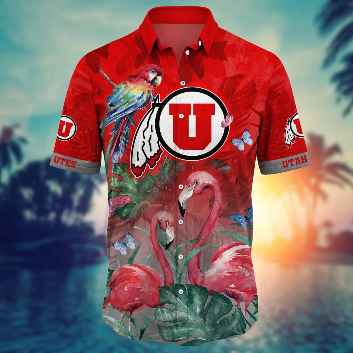 NCAA Utah Utes Hawaiian Shirt Pink Flamingo And Palm Leaves Gift For Beach Lovers NCAA Utah Utes Hawaiian Shirt Pink Flamingo And Palm Leaves Gift For Beach Lovers