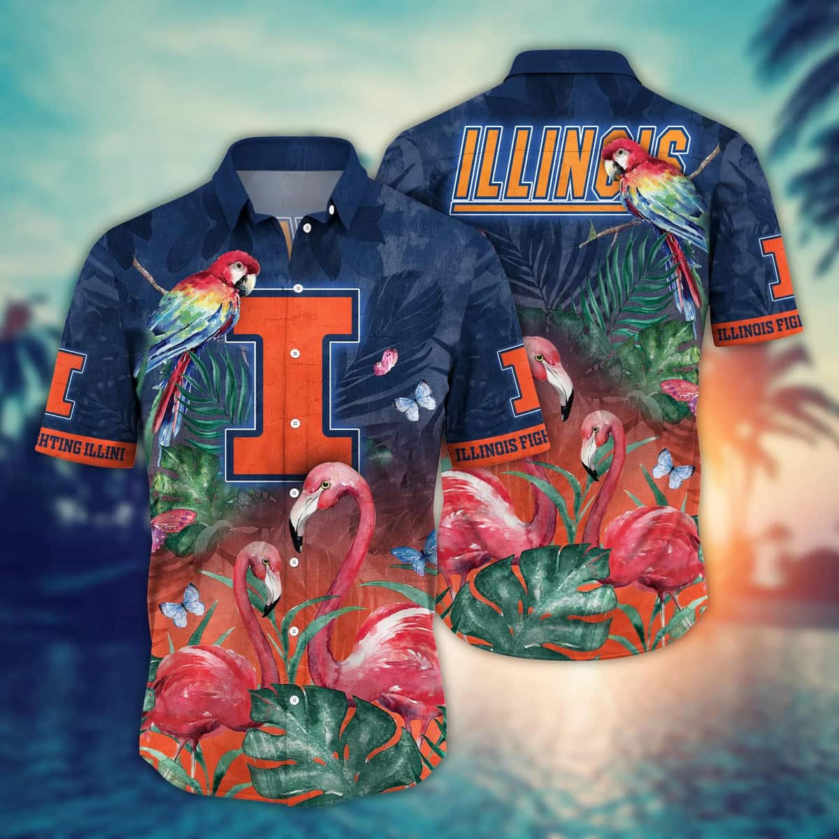NCAA Illinois Fighting Illini Hawaiian Shirt Pink Flamingo And Palm Leaves Beach Lovers Gift NCAA Illinois Fighting Illini Hawaiian Shirt Pink Flamingo And Palm Leaves Beach Lovers Gift