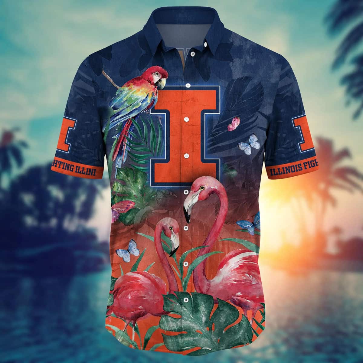 NCAA Illinois Fighting Illini Hawaiian Shirt Pink Flamingo And Palm Leaves Beach Lovers Gift NCAA Illinois Fighting Illini Hawaiian Shirt Pink Flamingo And Palm Leaves Beach Lovers Gift