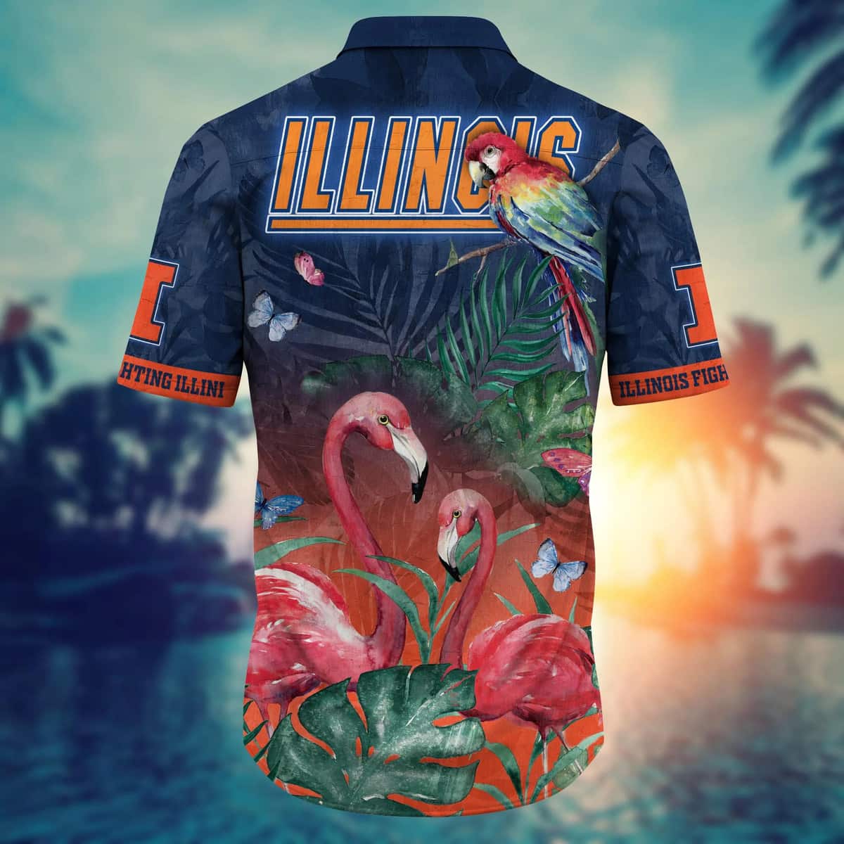 NCAA Illinois Fighting Illini Hawaiian Shirt Pink Flamingo And Palm Leaves Beach Lovers Gift NCAA Illinois Fighting Illini Hawaiian Shirt Pink Flamingo And Palm Leaves Beach Lovers Gift