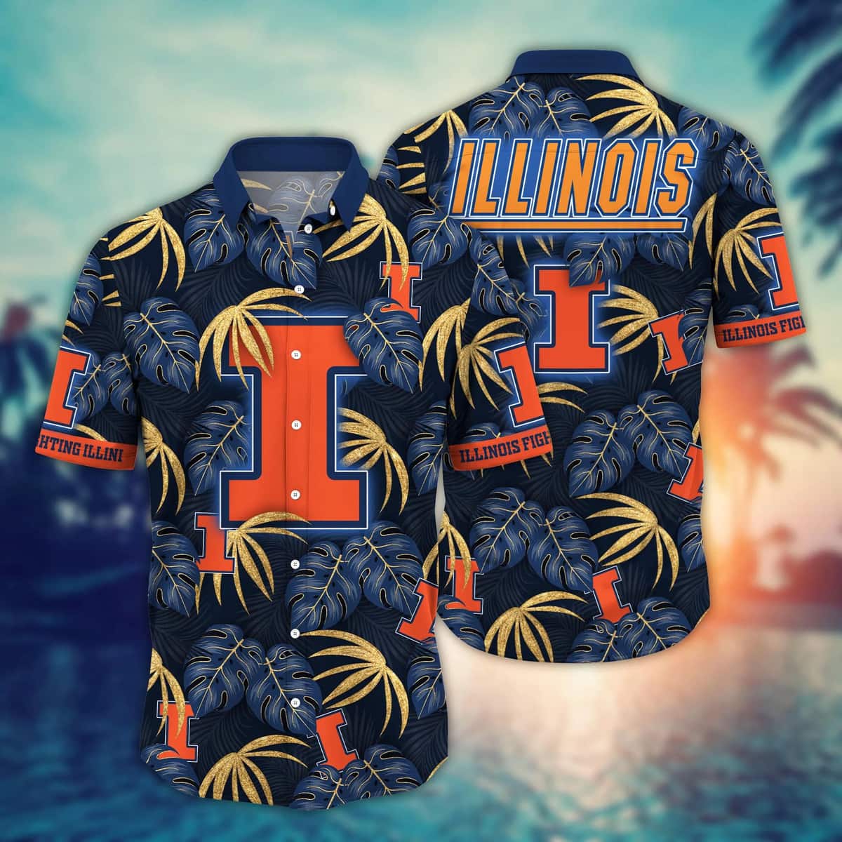 NCAA Illinois Fighting Illini Hawaiian Shirt Palm Leaves Pattern Best Beach Gift NCAA Illinois Fighting Illini Hawaiian Shirt Palm Leaves Pattern Best Beach Gift