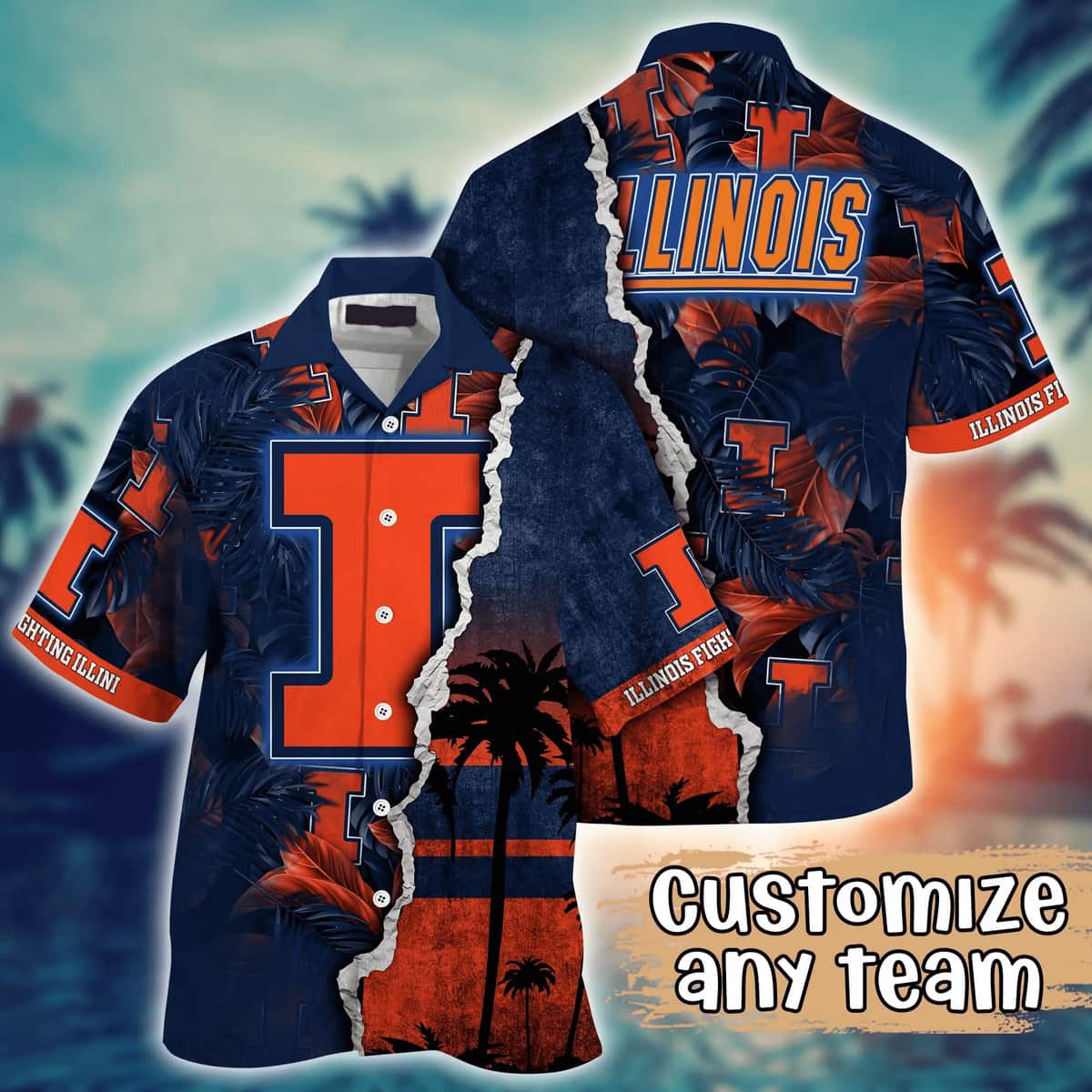 NCAA Illinois Fighting Illini Hawaiian Shirt Customize Name Beach Gift For Him NCAA Illinois Fighting Illini Hawaiian Shirt Customize Name Beach Gift For Him