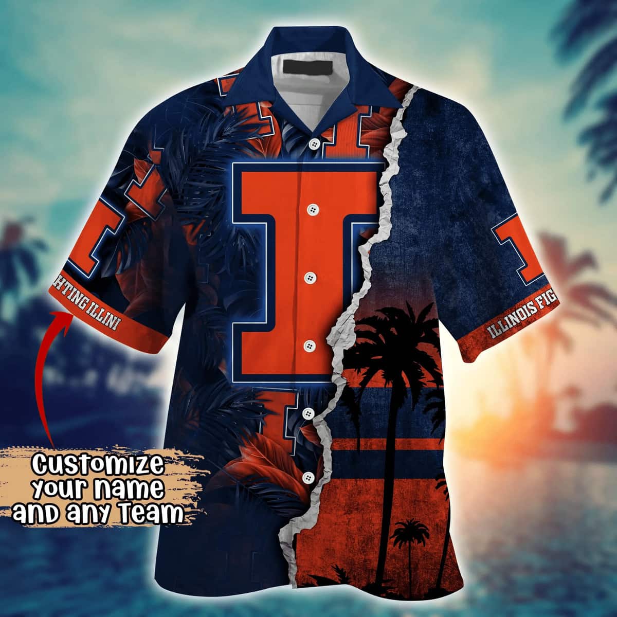 NCAA Illinois Fighting Illini Hawaiian Shirt Customize Name Beach Gift For Him NCAA Illinois Fighting Illini Hawaiian Shirt Customize Name Beach Gift For Him
